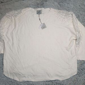 Liv Milano Shirt Womens 3X Eggshell Top Lace Pearl Studded‎ Casual Comfy New